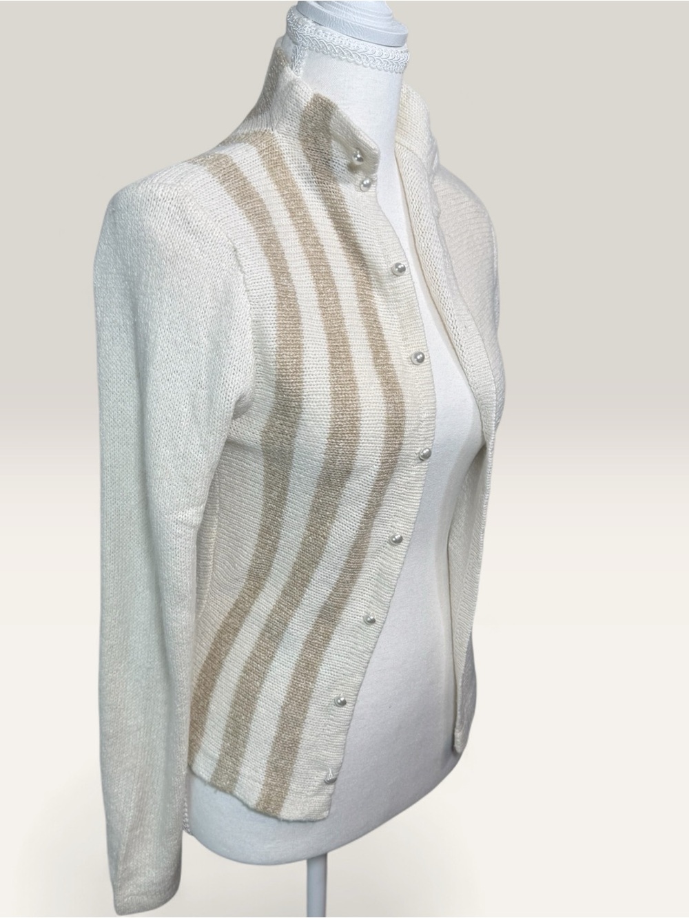 Vintage Funnel Neck Striped Button Up Cardigan Sweater Cream silk/angora